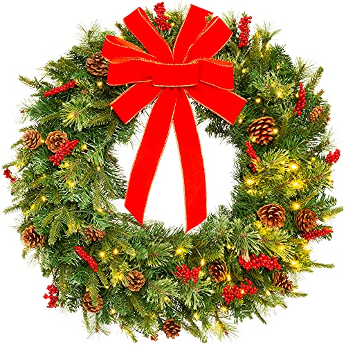 30-Inch Pre-Lit Artificial Christmas Wreath with 100 Lights and Pine Cones