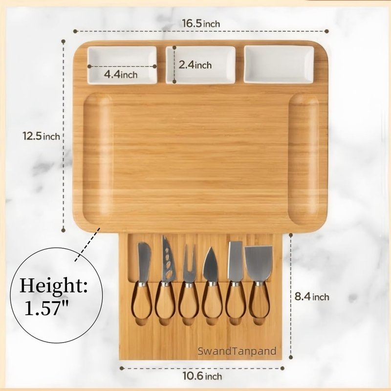 Charcuterie Boards，Cheese Board in cludes 6 Cheese Knives, 3 Seasoning Plates, with Platter and Drawer, Matching for Gatherings, Outing Door Use