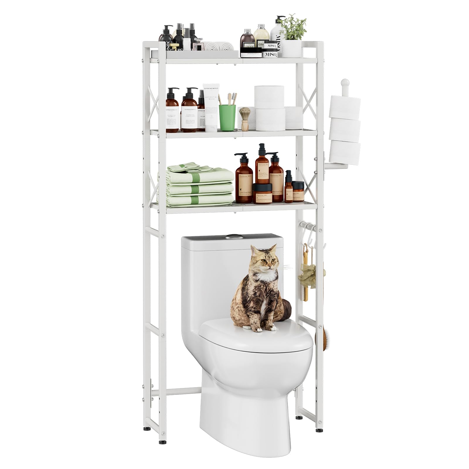 Simple Trending Over The Toilet Storage Rack with Toilet Paper Holder, Heavy Duty Metal 3 Tier Bathroom Organizer Shelf with 3 Hooks, White