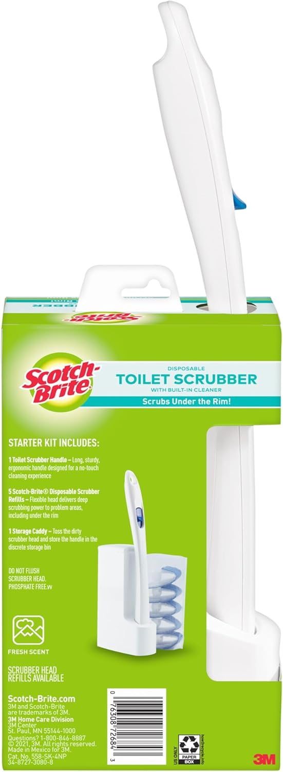 Scotch-Brite Toilet Scrubber Starter Kit - Disposable Refills with Built-In Bleach Alternative | Includes Handle & Caddy