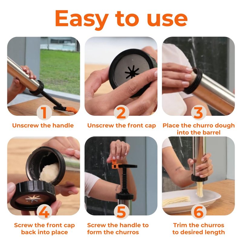KneadEat Churro Maker Kit with Piping Bag, XL Filling Needle and Decorating Tips Premium Stainless Steel Churrera with Easy Press Handle for Homemade Filled Churros