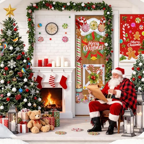 Christmas Gingerbread House Door Cover with Floor Stickers - Holiday Decor, 67x33 inches