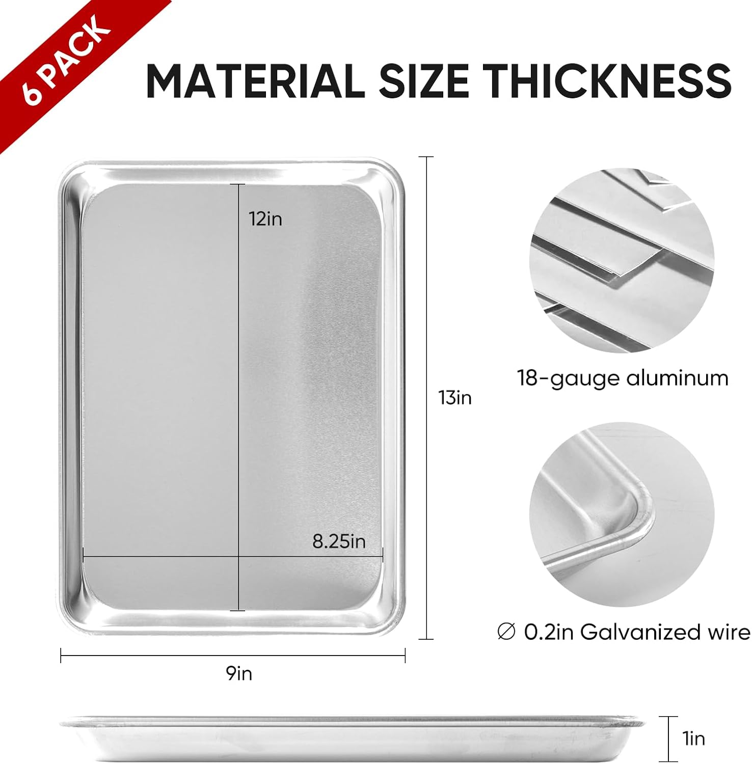TENUP 6 Pack Aluminum Quarter Sheet Pan - Heavy Duty 13" x 9" Baking Tray | Warp-Resistant & Rust-Free