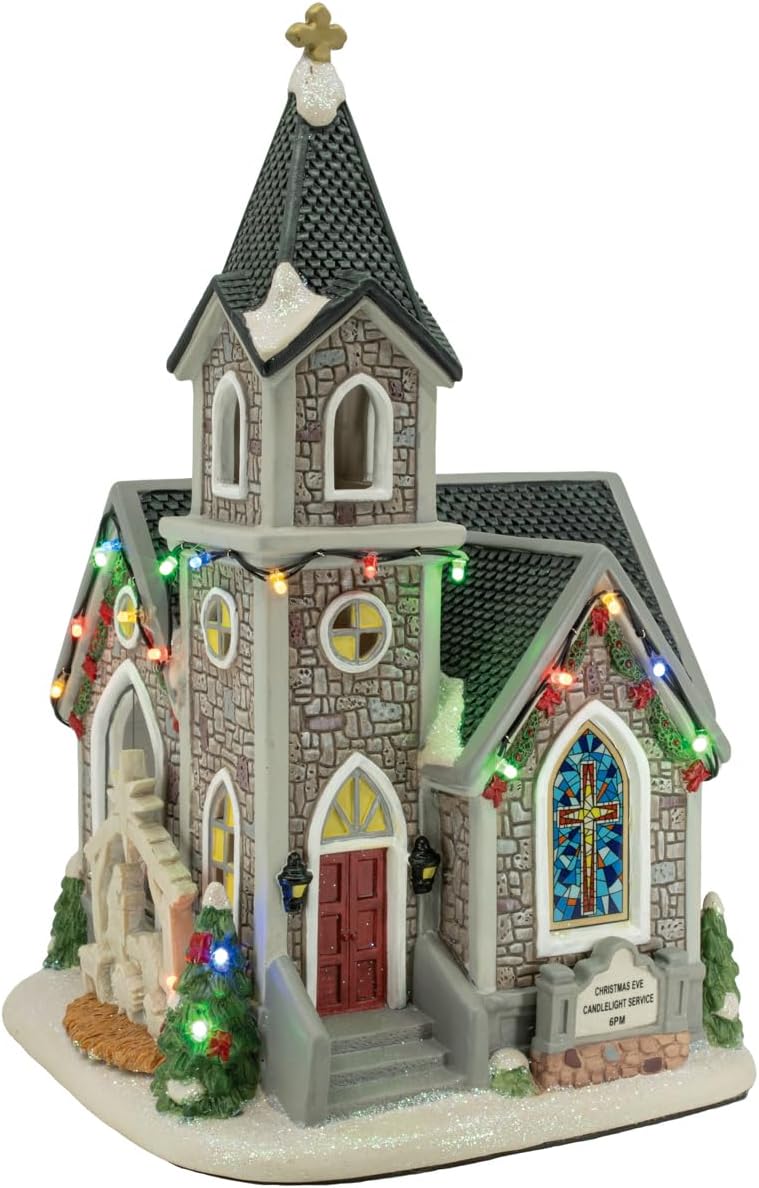 Skiennix Corner Cathedral Porcelain Christmas Village - LED Lights for Festive Charm