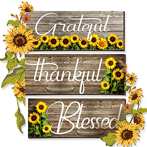 Farmhouse Sunflower Wooden Wall Art Signs, Thankful Grateful Blessed Plaques