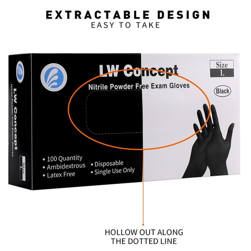 LW Concept Disposable Nitrile Gloves, Chemical Resistant, Powder-Free, Latex-Free, Non-Sterile, Food Safe, 5 Mil, Black, 1000-Count (Small)