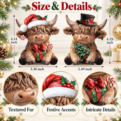 Karenhi 2-Pack Christmas Highland Cow Figurines Decor for Home & Office