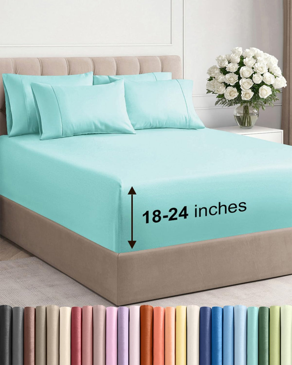 Skiennix Extra Deep Queen Sheet Set - 6-Piece Breathable Cooling Bedding - Soft, Wrinkle-Free Spa Blue