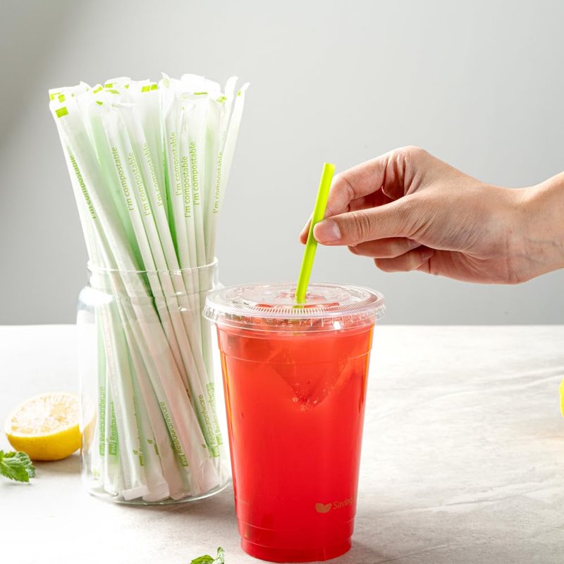 Restaurantware-Basic Nature 8.3 Inch Disposable Straws, 2000 Sustainable Straws - Wrapped, Won't Alter Flavors, Green PLA/PBAT Straw, For Hot And Cold Drinks