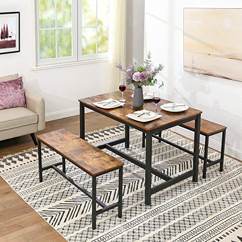 Industrial Dining Bench Set of 2, Rustic Wood and Steel Frame