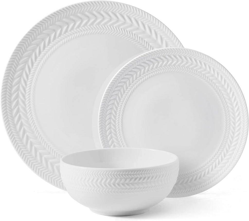Pfaltzgraff Josephine 24-Piece Dinnerware Set - Elegant Embossed Basket Weave Design | Service for 8, White, Microwave & Dishwasher Safe