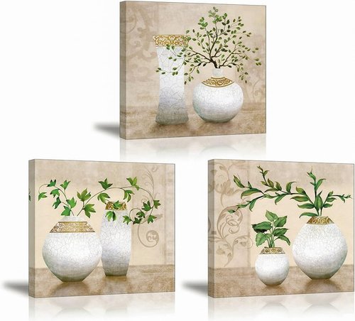 3 Piece Wall Art for Living Room, SZ Elegant Canvas Painting Prints of Green Spring Plants in White Vases on Beige/Tan Picture (Waterproof Decor, 1" Thick, Bracket Mounted Ready to Hang, Large)