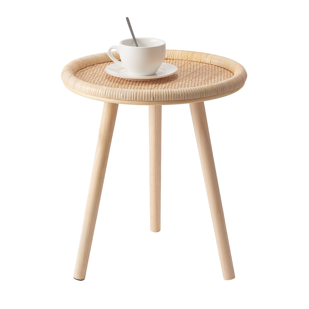 HuiDao Small Side Table, Rattan Round Coffee Table, Boho Circle Side Tables End Table for Living Room, Mid Century Accent Table for Bedroom Balcony