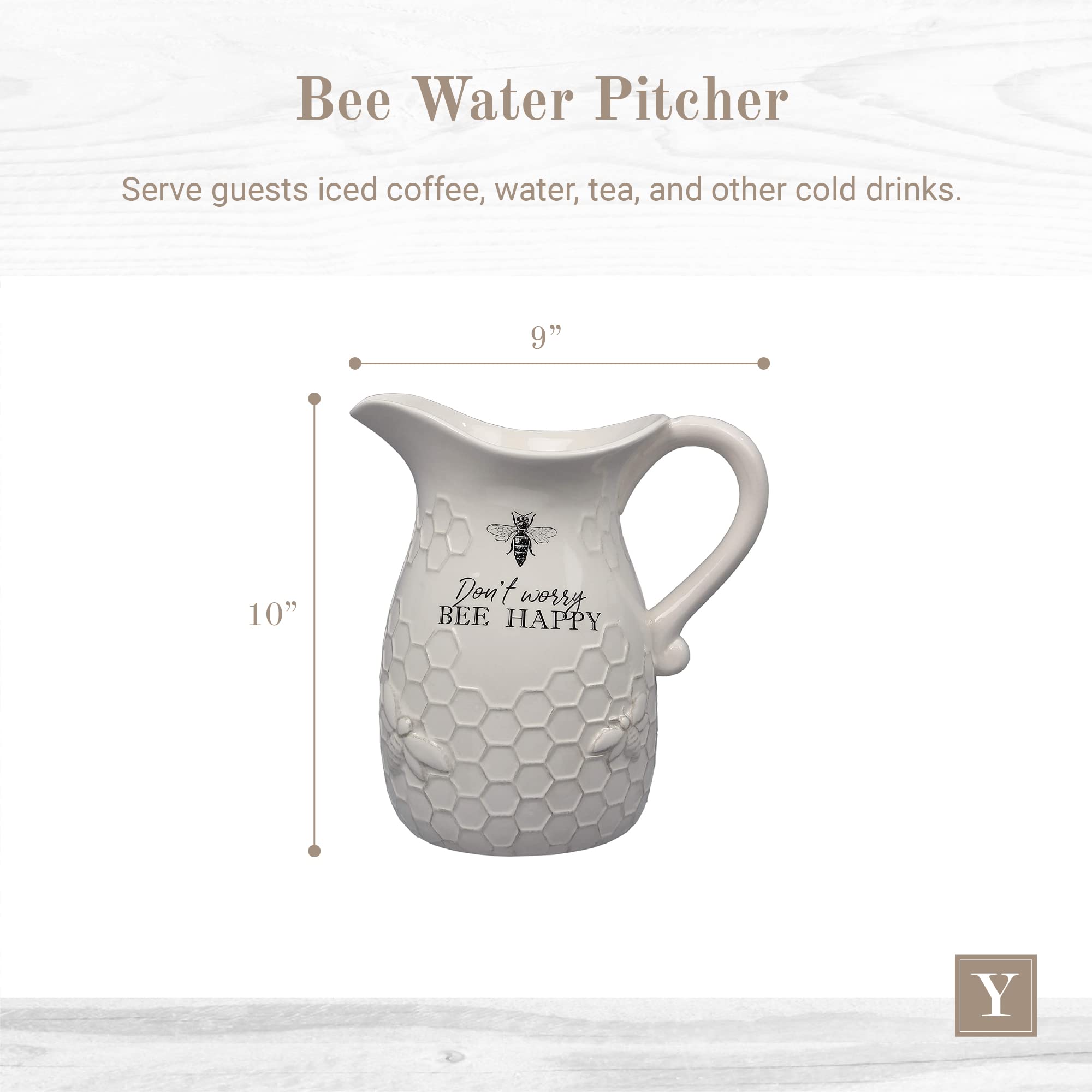 Young's Inc. Ceramic Water Pitcher - Large Serving Pitcher for Iced Tea, Coffee, and Cold Drinks - Ideal for Family Gatherings, Dinner Parties, and Brunches - 9" x 9" x 10" - Don't Worry Bee Happy