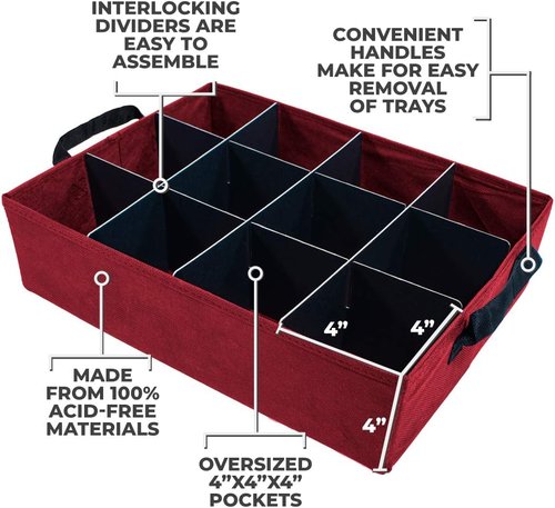 612 Vermont Christmas Ornament Storage Box - Adjustable Acid-Free Dividers, 3 Removable Trays | 17" x 13" x 13", Holds 36-4" Ornaments