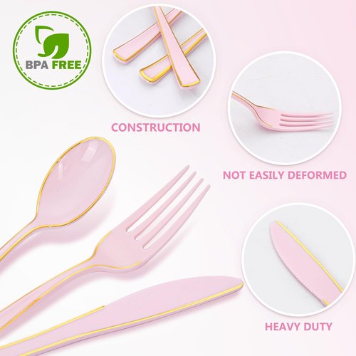 WDF 180 Pieces Pink Plastic Silverware with Gold -Pink Plastic Utensils Set - 60 Guest Cutlery Disposable for Birthday/Party/Wedding/Valentine's Day