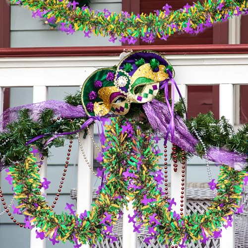 Mardi Gras Tinsel Garland - 33ft Metallic Purple, Green & Gold Decor