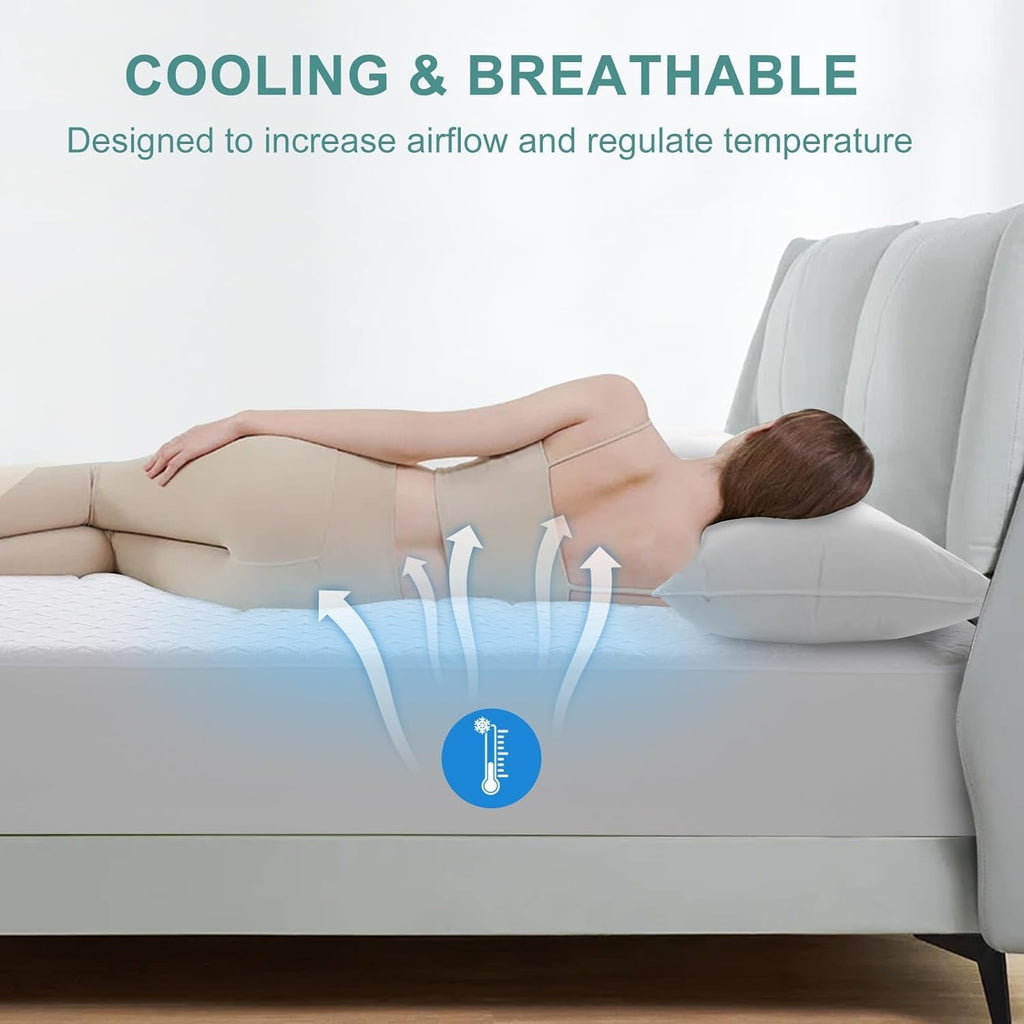 Skiennix Premium Waterproof Mattress Protector - Breathable 4D Air Cooling Queen Size Cover (White)