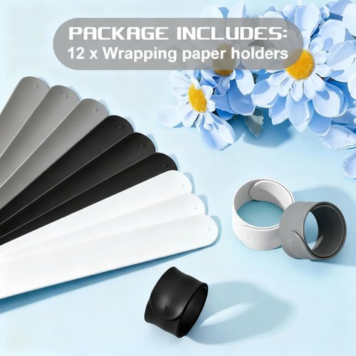 Charniol Wrapping Paper Roll Holder - 12-Piece Silicone Covered Metal Strips | Stabilize Gift Wraps (Black, White, Gray)