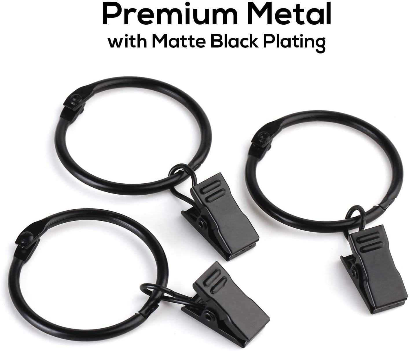 SPLF Metal Curtain Rings - 36 Pack Heavy-Duty Rustproof Clips | 1.22 Inch Interior Diameter, Black