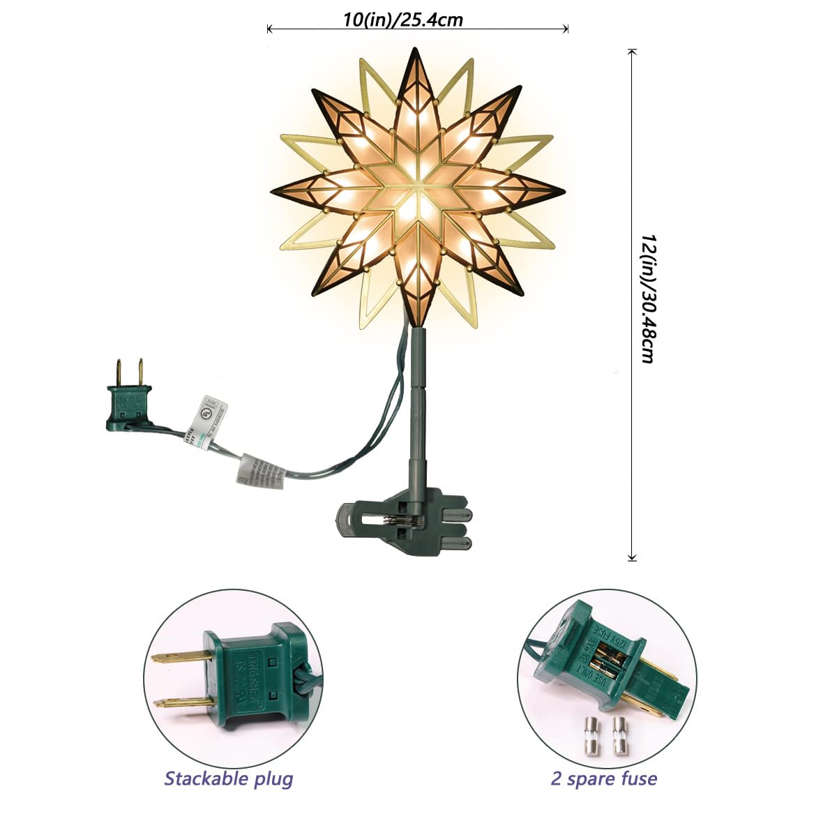 LAMPHOME 12" 10L Christmas Snowflake Tree Topper (Gold), Christmas Star Tree Light, Warm White