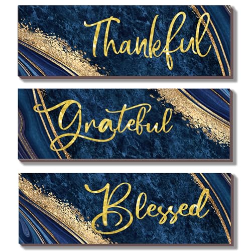 3-Piece Blue and Gold Wall Decor - Thankful Grateful Blessed Art Set