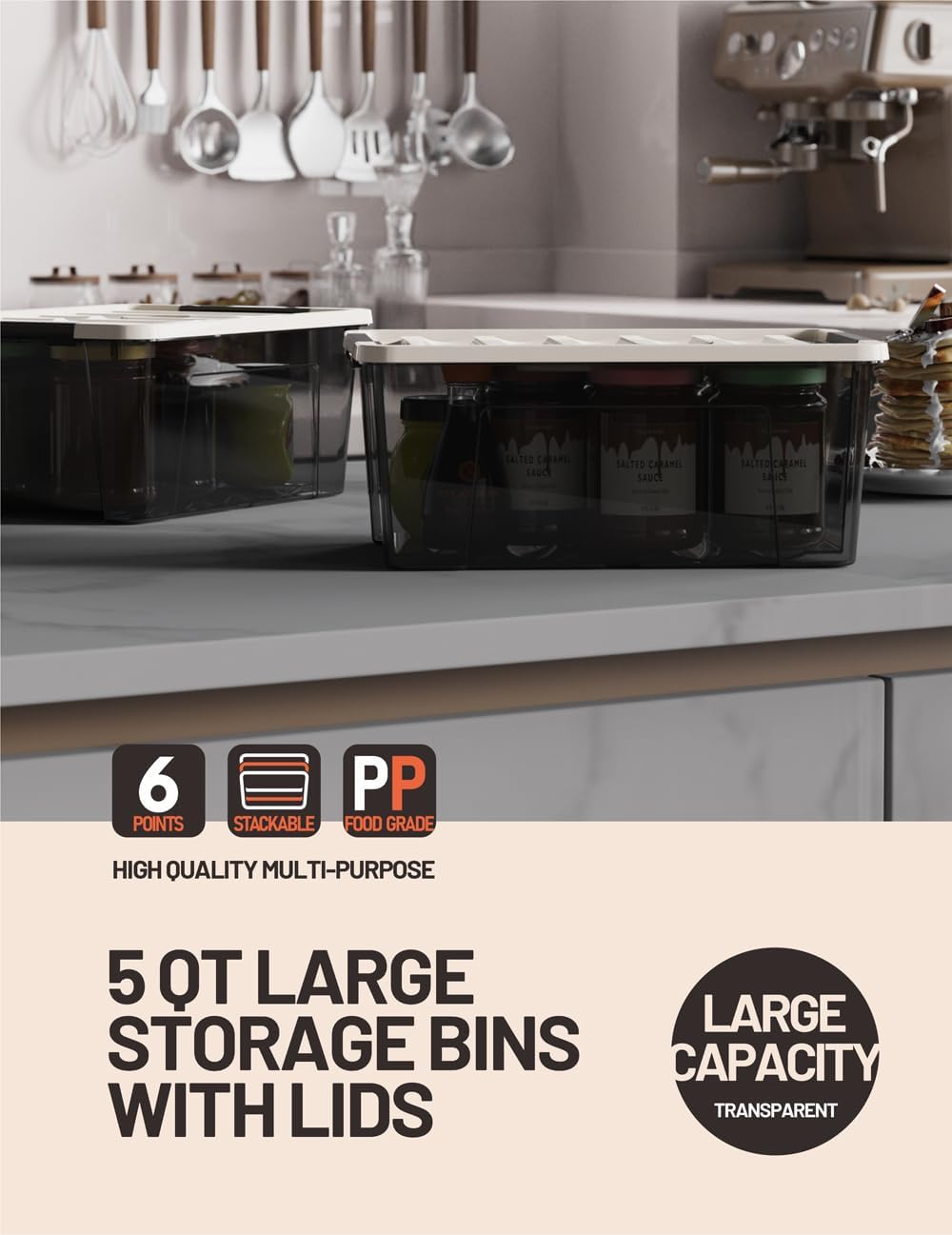 WYT 5-Quart Clear Plastic Storage Container Bin - Durable Stackable Design with Khaki Lid | 6-Pack