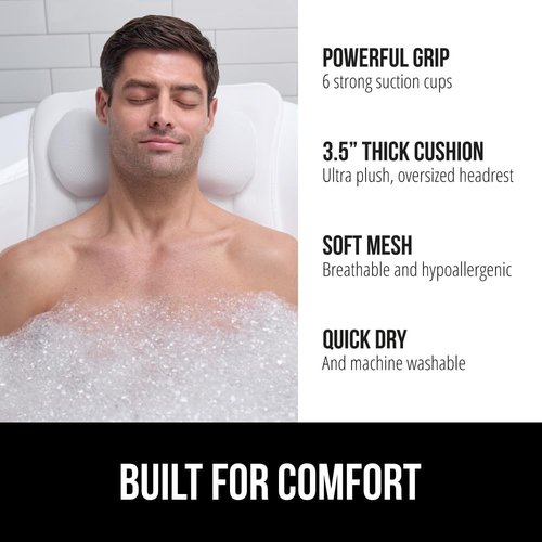 GORILLA GRIP Bath Pillow - 4D Mesh FlexComfort Headrest with 6 Strong Suction Cups | Luxury Machine Washable, White