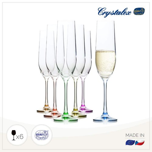 Crystalex Rainbow Champagne Flute Set of 6, Bohemia Crystal Champagne Glasses Stemmed For Prosecco, Mimosas or Cocktails, Lead-Free 190 ML (6.42 Oz)