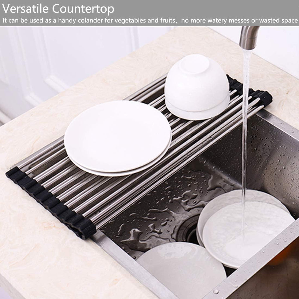 Skiennix Over The Sink Dish Drying Rack - 304 Stainless Steel, Foldable & Rollable, 17.7" x 16" - Black
