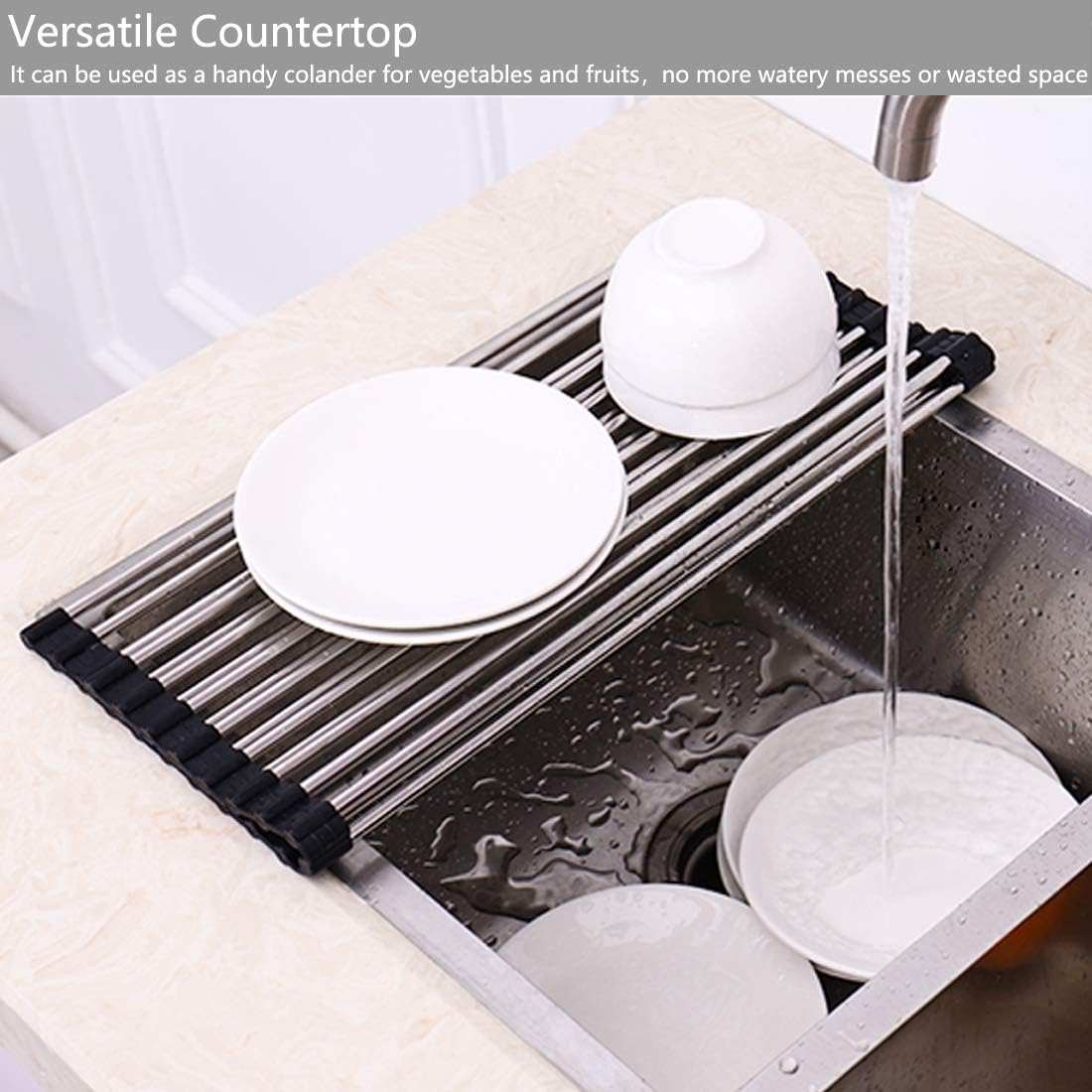 Skiennix Over The Sink Dish Drying Rack - 304 Stainless Steel, Foldable & Rollable, 17.7" x 16" - Black