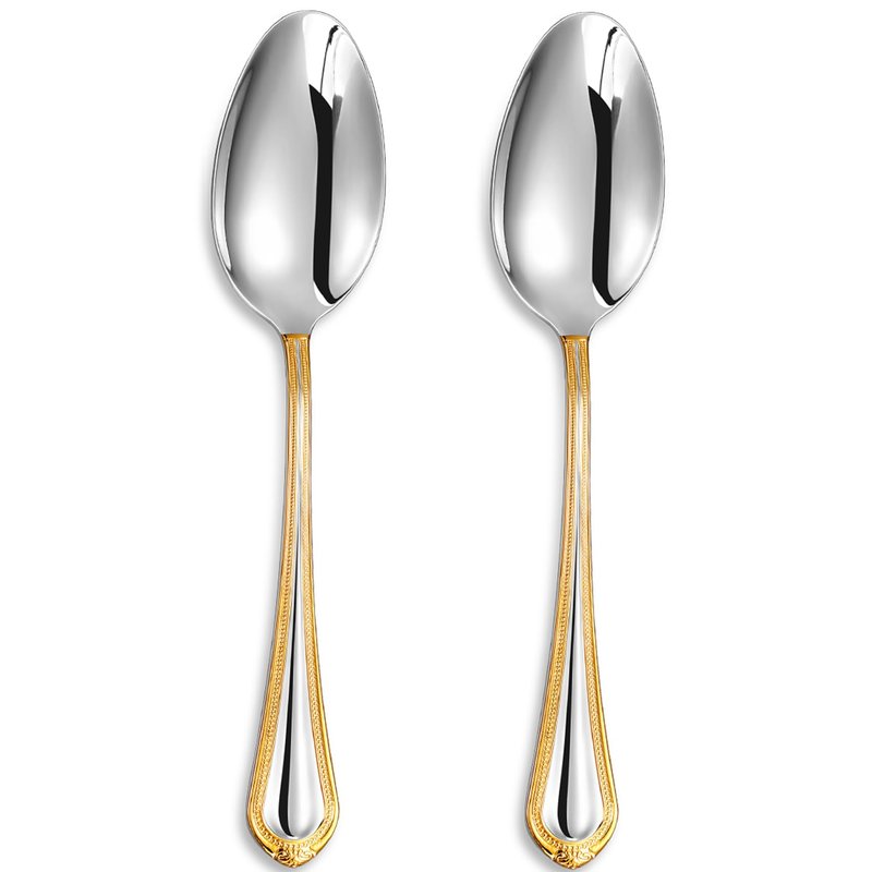 KEAWELL Pearl Edge Premium Serving Spoon Set, 18/10 Stainless Steel, 9" Fine Hostess Utensils with Refined Bead Design, Brightly Polished, Gold Accent, Dishwasher Safe (Hostess Serving Set)