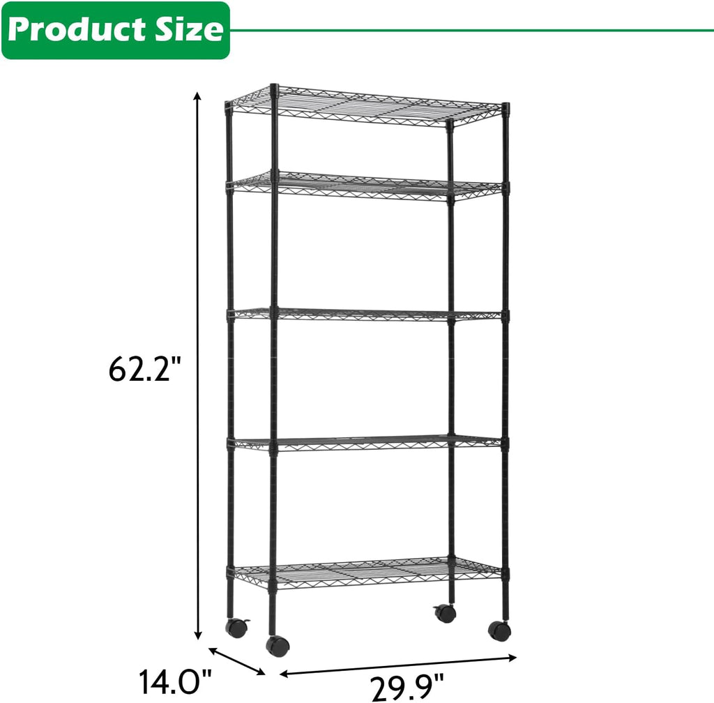 PayLessHere 5-Tier Wire Shelf with Wheels - Adjustable Heavy-Duty Storage Rack | Black | 14"x30"x60" | Rust-Resistant, No-Tool Assembly