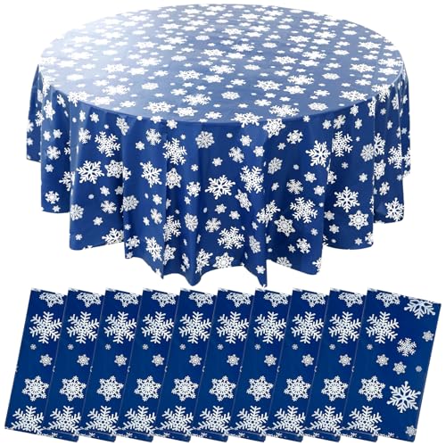 Blue Snowflake Round Tablecloths 84 Inch | 10 Pack Disposable Waterproof Plastic