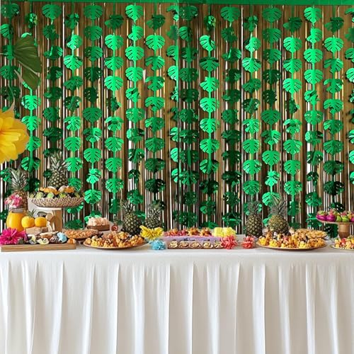 Tropical Leaf Foil Fringe Curtains (4 Pcs) - Gold & Green Luau Decor, 3.3x6.6 ft