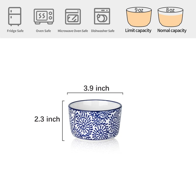 Selamica Ceramic 8 Oz Ramekins, Creme Brulee Ramekins, Oven Safe Baking Dishes/Cups for Souffle Custard Pudding, Small Bowls for Ice Cream Dip, Set of 6, Vintage Blue