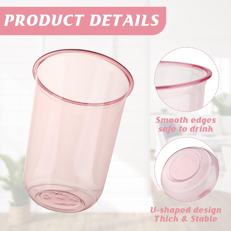 Xuelimei 16oz Disposable Stemless Glasses,PET Disposable Drinking Cups,Cold Party Clear Plastic Wine Glasses for Parties Birthday,Wedding,Meeting,Christmas Party Supplies (100, Pink)