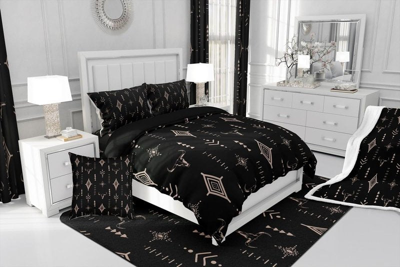 Feelyou Rustic Western 7 Piece Bedding Set Queen Size Kids Western Tribal Bull Skull Bed in a Bag Adult Black Brown Boho Ethnic Aztec Cow Pattern Comforter Set with Sheets