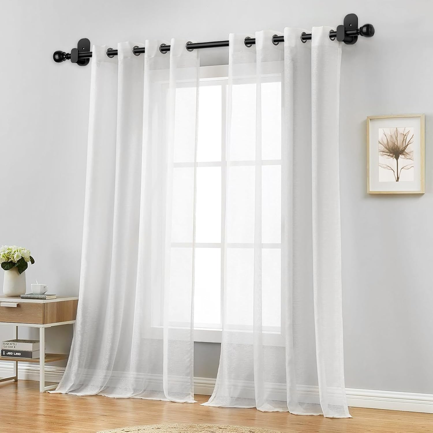 USFOOK No Drill Curtain Rods - Black 48 to 84 Inches | 5/8 Inch with 3M Adhesive Holders