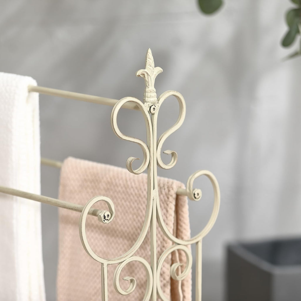 Free Standing Towel Rack for Bathroom, 3 Tier Metal Towels Rack Freestanding with Storage Shelf, Retro White Floor Towel Rack Stand for Bath Towels Hand Washcloths, 21.2” x 11.8” x 36.2”