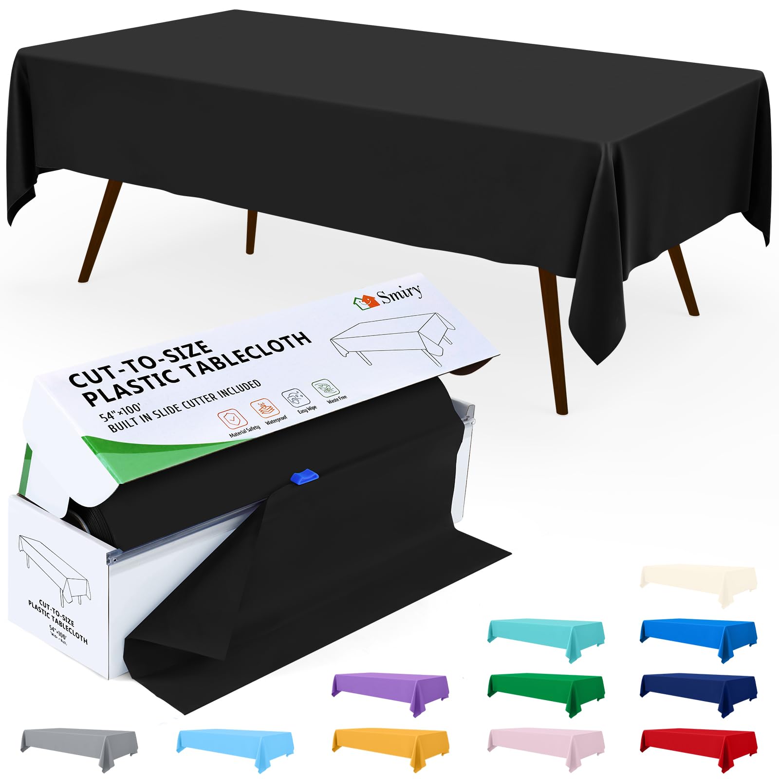 Smiry 54 Inch x 300 Feet Disposable Table Cover Roll, Black Plastic Table Cloth in Cut-to-Size Box with Slide Cutter, Waterproof Rectangle Tablecloths for Weddings, Banquets, Outdoor