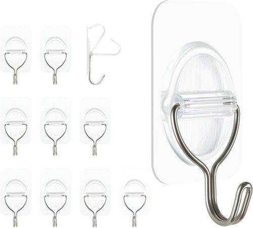 Adhesive Wall Hooks by [Brand Name] - No Damage, Heavy Duty 5KG, Waterproof, 10 Pack | Transparent Stainless Steel (3.5x5.3cm) for Kitchen, Bathroom, Office
