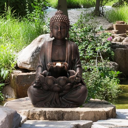 Zen Buddha Water Fountain with LED Lights - 23-Inch Indoor Outdoor Decor