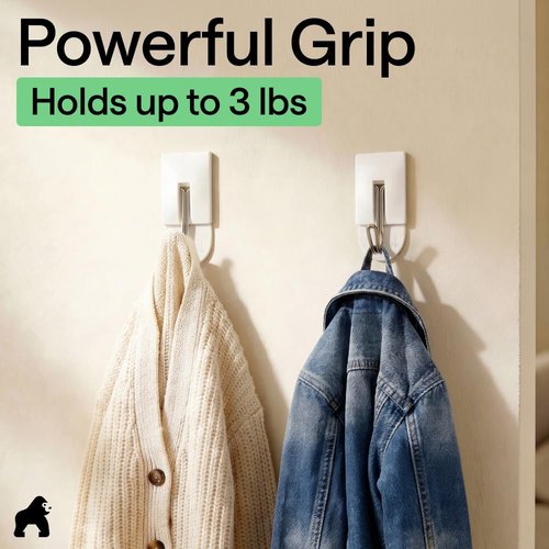 GORILLA GRIP Heavy-Duty Adhesive Hooks - Damage-Free Wall Hanger for Kitchen & Bathroom | 5 Pack with 2 Extra Strips