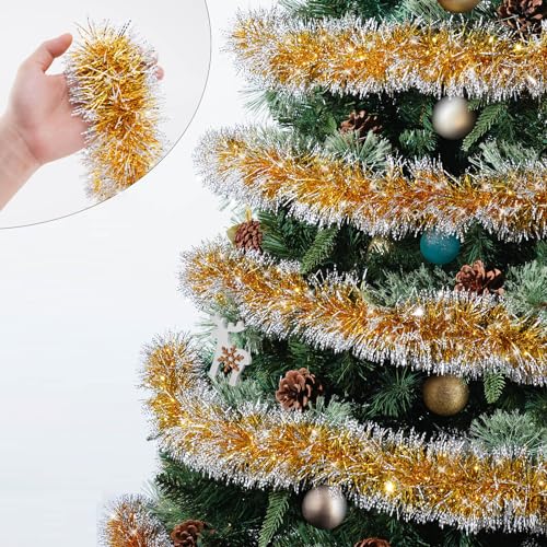 33FT Gold Tinsel Christmas Garland – Shiny Decor for Indoor/Outdoor, Includes 33FT-Gold White Variation