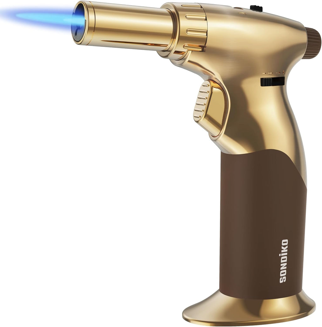 Sondiko Dual Style Butane Torch Lighter - Adjustable Flame Size & Continuous Flame Lock | Gold Finish