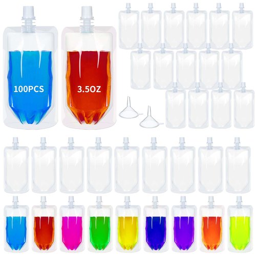 Meanplan 100 Pcs Plastic Pouches Bulk Reusable Squeeze Pouches Clear Plastic Juice Leak Proof Bags with Funnel for Party Favors Supplies(3.5 oz,Straight Mouth)