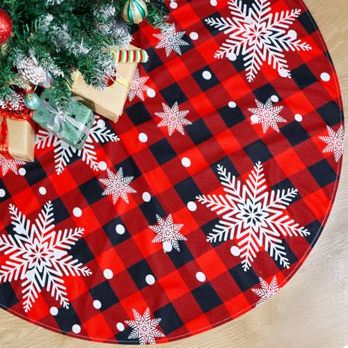 48-Inch Red & Black Buffalo Plaid Christmas Tree Skirt with Snowflake Pattern