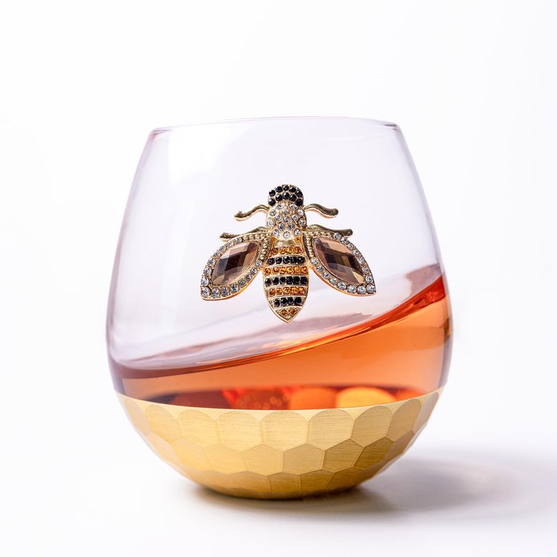 Modern Outlet Home Decor Honey Bee Stemless Wine Glasses - Set of 2 Luxury Crystal Glassware with Jeweled Honey Bee - Unique Wine Lover Gifts for Women - Tumbler for Cocktails, Red, or White Drinks