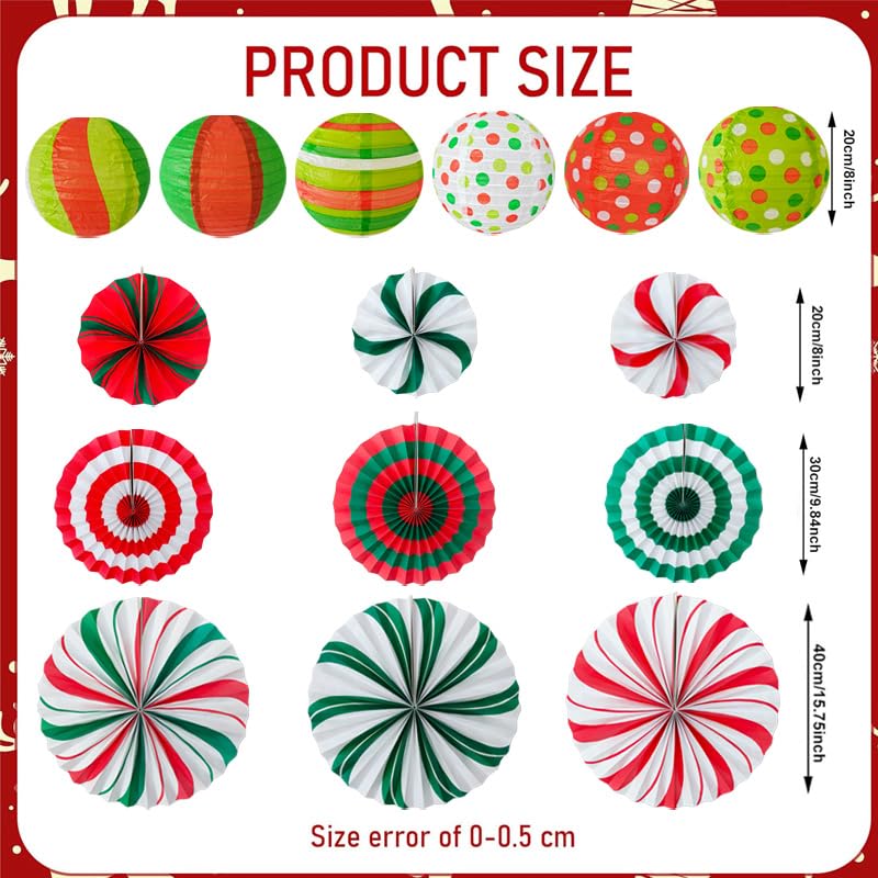 15 Pcs Christmas Candy Party Decorations Set - Red, Green & White Honeycomb Fans & Lanterns for Holiday Festivities